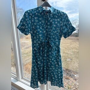 Ralph Lauren Teal Blue Floral Tie-Waist Midi Dress